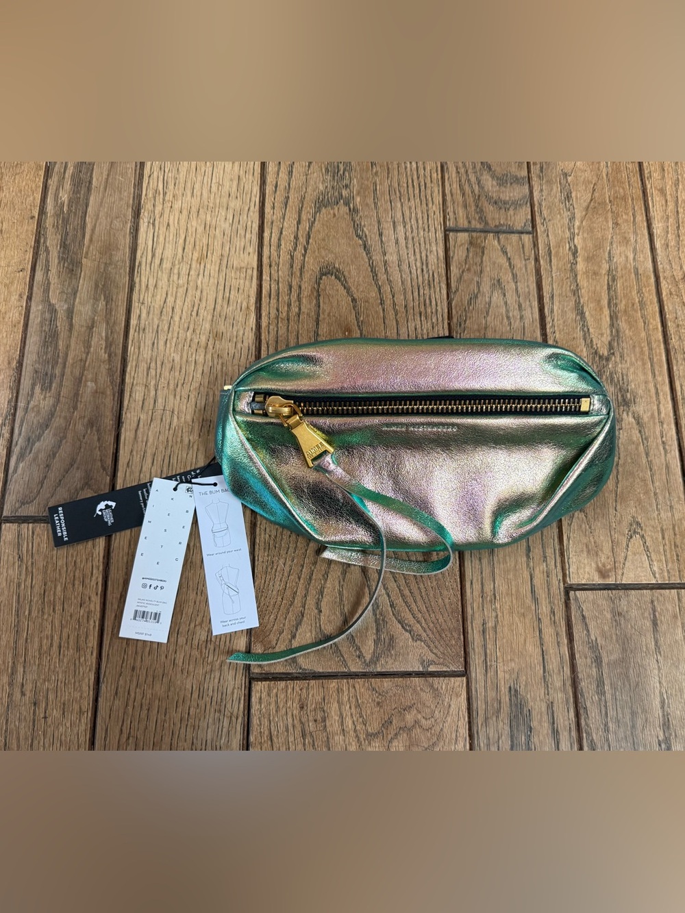 Aimee Kestenberg Iridescent Green-Pink GoldMetallic Waist Bag with Gold Hardware